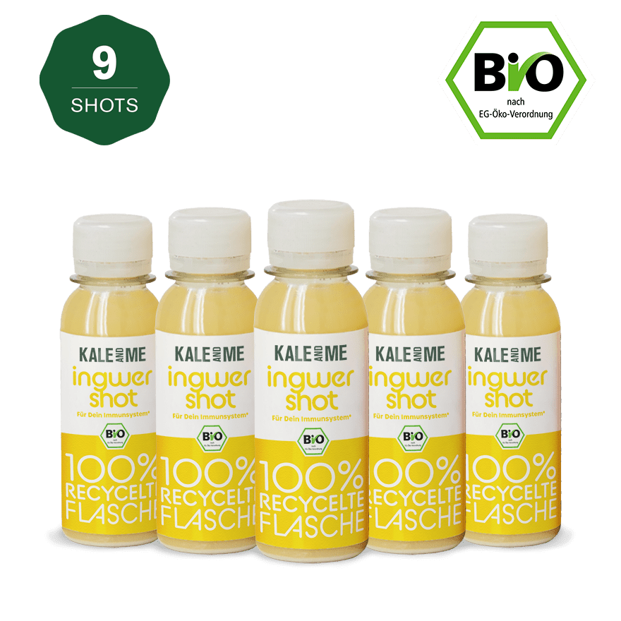 Bio Ingwer Shot Bundle, 9 cold-pressed organic ginger shots, supports immune system with Vitamin C, 85 ml each, no additives.